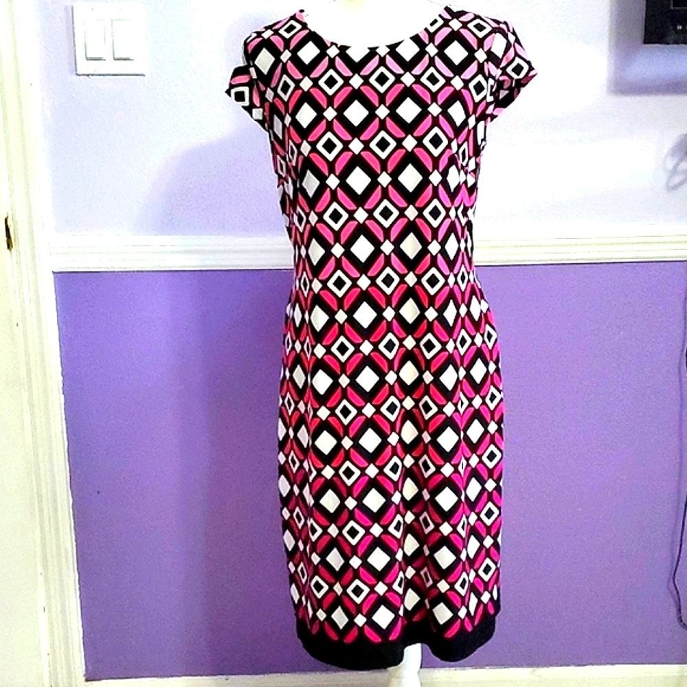 Liz Claiborne 60s Vibes Pink & Black Geometric Print Office Shift Mini Dress S